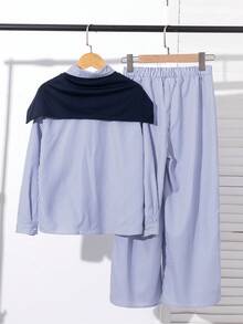 3pcs Tween Girls Striped Long Sleeve Shirt + Wide Leg Striped Pants + Shawl Casual Set Fall Winter - Navy Blue - View 2