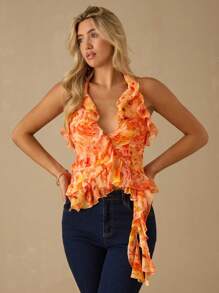 Enchnt Top casual de verano de mujer con volantes, cuello de halter y espalda descubierta con estampado total