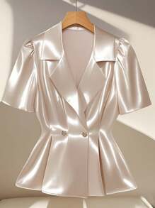 Elenzga Women Solid Color Lapel Neck Puff Sleeve Elegant Blouse - Apricot - View 3