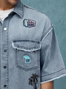 ROMWE MEN Casual Street Life Men's Boxy Fit Printed Denim Top, Denim Short Sleeve Shirt - Blue - View 2