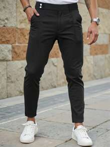 Manfinity Homme Pantaloni de costum casual pentru bărbați, de culoare solidă, cu buzunare, cu picior drept - Negru - Vizualizare 1