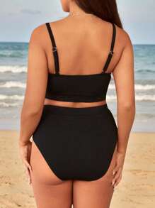 Swim Vcay Summer Beach Plus Size Solid High Waisted Bikini Set