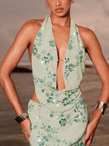 Opulessa Summer Beach Vacation Graduation Birthday Party Elegant Sexy Romantic Women's Flower Shiny Sequin Embroidered Backless Halter Top,