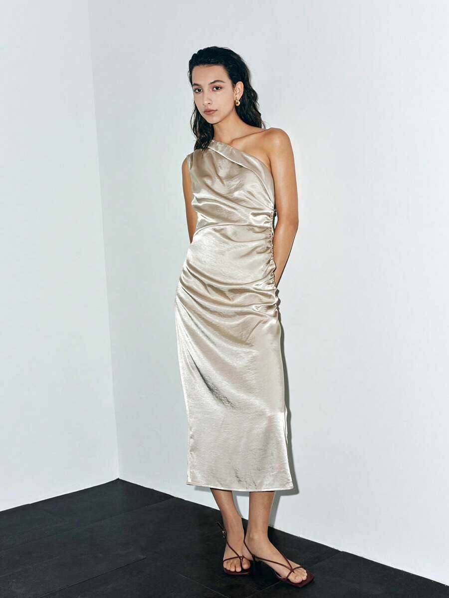 SHEIN LUNE Vestido largo de mujer con volantes asimétricos de unicolor elegante - Caqui - Ver 1