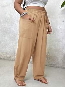 SHEIN VCAY Plus Size Elastic Waist Pocket Design Harem Pants