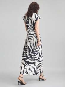 Ontre Vestido con estampado elegante y urbano, cuello redondo y mangas acampanadas, apropiado para otoño, Día del Maestro, Día de la Independencia, vestido largo, ropa de verano, material de crepé, vestido para ir a la oficina, nueva colección 2025