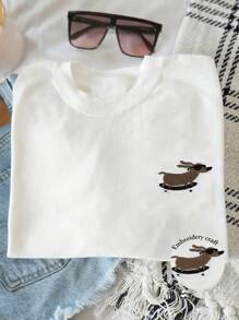 INAWLY Women's Casual Dachshund Dog Embroidered Short Sleeve T-Shirt, Summer - White - View 1