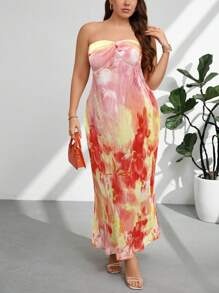 Firerie Großen Größen Damen Elegantes Lässig Kleid für Sommerurlaub Strand/Date, ärmellos A-Linie weites Maxikleid mit Bindegürtel in Orange Farbverlauf Blumenmuster