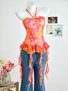 SHEIN 少女橙色露背褶皱胸围不对称下摆荷叶边下摆吊带背心，适合度假、海滩、海边穿着 - 橘色 - 查看 7