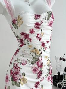 SHEIN Unity Đầm ôm body mini dây mảnh in họa tiết hoa có nhún bèo, tôn dáng - trắng - Xem 4