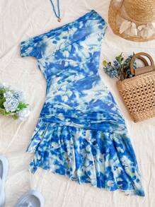 SHEIN Unity Vestido casual con cuello asimétrico para mujer, de moda para vacaciones de verano - Azul - Ver 3