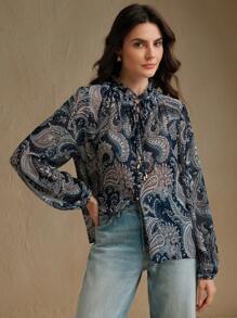 Anewsta 佩斯利印花长袖立领飘逸衬衫，适合伊比沙岛，春季，海滩 - 藏蓝色 - 查看 3