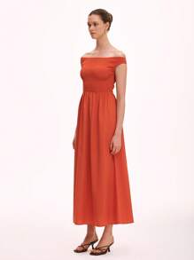 SHEIN Unity 女士优雅简约休闲纯色露肩A字连衣裙 - 紅木色 - 查看 3