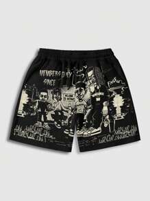 ROMWE MEN Goth Men's Street Graphic Character Print Shorts, Suitable For Daily Wear In Spring & Summer