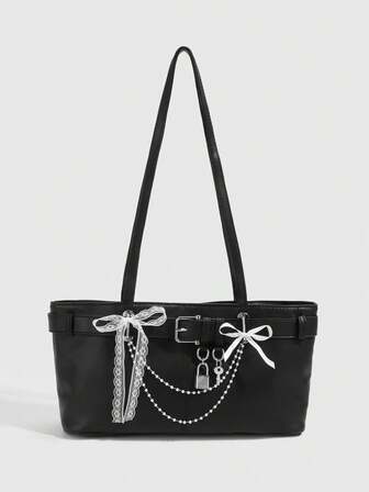 Grunge Punk 1pc Punk Style Faux Pearl Chain Black PU Leather Women Shoulder Bag, Decorated With Bow Ribbon & Key Lock, Black Crossbody Bag