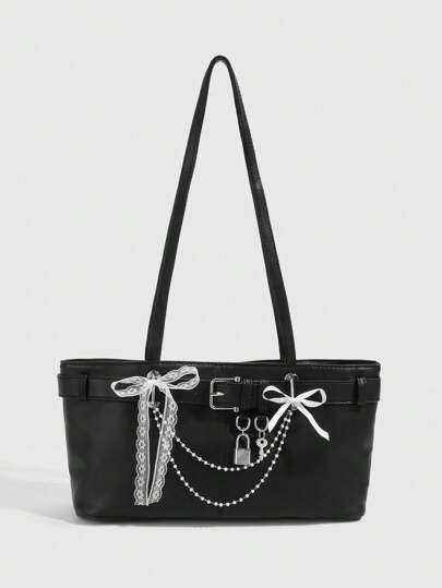 Grunge Punk 1pc Punk Style Faux Pearl Chain Black PU Leather Women Shoulder Bag, Decorated With Bow Ribbon & Key Lock, Black Crossbody Bag