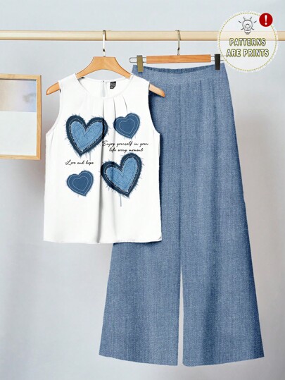 SHEIN Clasi Conjunto informal minimalista de 2 piezas con gráfico de texto y corazón, estilo vacacional, adecuado para reuniones de verano y vacaciones