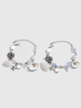 Kawaii Set de 2 piezas Pulsera con cuentas de cristal con forma de estrella de mar y concha, gran regalo para vacaciones