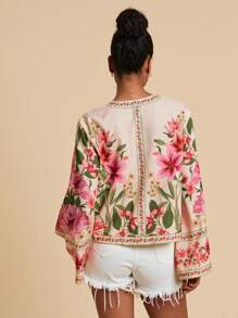 Travachic 梭织印花长袖短款宽松女式衬衫，女士夏季装、沙滩装、春夏季装、复活节、节假日、女士海滩装、春假装、女士度假装、音乐会装、波西米亚风、波西米亚风、音乐节装、热销款、热带度假女装 - 卡其色 - 查看 2