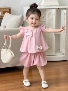 Baby Mädchen süßes Schleifendekor Kurzarm Top und Mini-Rock 2-teiliges Set, Rosa, Frühling/Sommer