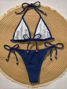 Swim Vcay Solid Color Textured Bikini For Summer Beach Vacation - Navy Blue - View 2