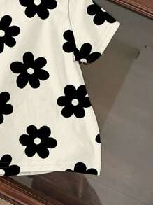 SHEIN Vintage Floral Print, Kids Graphic T-Shirts, Cute & Fresh Style, Young Girl Casual Minimalist Round Neck Short Sleeve T-Shirt, Suitable For Summer - Multicolor - View 5