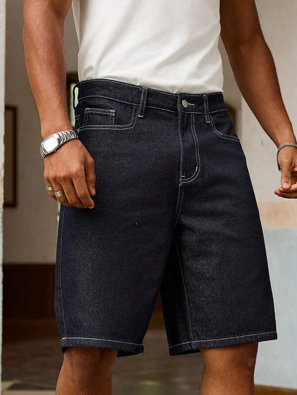 RivetRise 1pc Plus Size Men's Black Denim Shorts, Casual 5-Inch Inseam It Is A Great Gift For Your Boyfriend Or Husband. Dark Wash Jorts