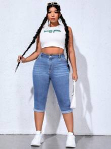 SHEIN EZwear 大码女式带口袋修身休闲百搭七分牛仔裤