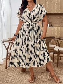 EMERY ROSE فستان طباعة مائية أنيق مقاسات كبيرة للسيدات، صاتان ياقة على شكل حرف V أكمام قصيرة بتصميم ربطة الخصر، مناسب للنزهات اليومية والعمل والمناسبات الراقية والحفلات