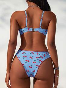 Swim Mod Women's Sweet Cherry Print Ruffled Fresh Bikini Set For Summer Beach Vacation - Baby Blue - View 2