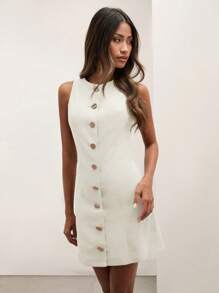 COSMINA 女式纯色圆领单排扣无袖休闲迷你连衣裙，夏季 - 白色 - 查看 6