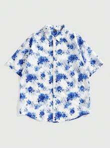 ROMWE MEN Men's Vacation Short Sleeve Casual Shirt, Suitable For Summer - Baby Blue - View 1