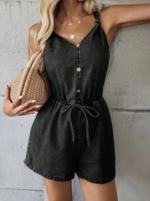 EMERY ROSE 女士蓝色牛仔无袖连体短裤