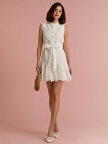 Enchnt Váy ngắn không tay giản dị thêu trắng thắt lưng cài nút phía trước lãng mạn mùa xuân/hè dành cho nữ, ngọt ngào và thanh lịch cho kỳ nghỉ, ngày lễ, tiệc tùng, tốt nghiệp và khách dự tiệc cưới và bãi biển, váy dạ hội, váy mùa hè cho nữ, váy thanh lịch cho tiệc tùng, váy cho nữ mùa hè - trắng - Xem 1