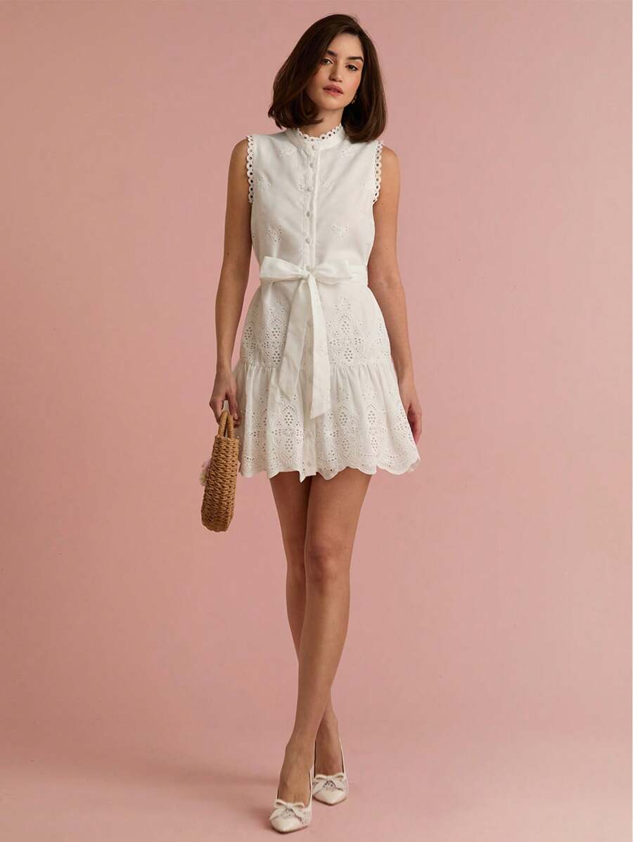 Enchnt Váy ngắn không tay giản dị thêu trắng thắt lưng cài nút phía trước lãng mạn mùa xuân/hè dành cho nữ, ngọt ngào và thanh lịch cho kỳ nghỉ, ngày lễ, tiệc tùng, tốt nghiệp và khách dự tiệc cưới và bãi biển, váy dạ hội, váy mùa hè cho nữ, váy thanh lịch cho tiệc tùng, váy cho nữ mùa hè - trắng - Xem 1