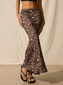 Easelle 女士時尚褶皺腰豹紋人魚裙 - 棕色 - 查看 4