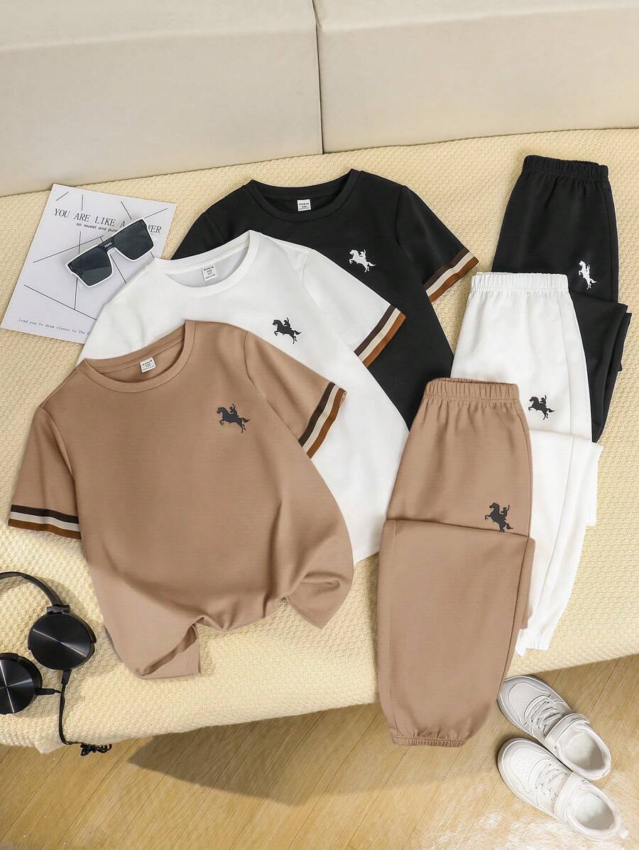 SHEIN Leap Crew 6pcs/Set Tween Boys Children Clothing, Oversized T-Shirt With Round Neck Striped Ribbon Pattern, Sweatpants, Suitable For Commuting, School, Daily Casual, Sports, Autumn/Winter - Khaki - View 1