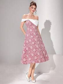 Modelyn Damen elegantes Kontrastfarben Jacquard Off-Shoulder Midi-Kleid, Sommer - Pink - Übersicht 7