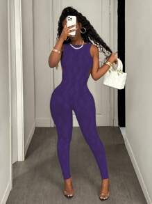 BamGleam Women's Solid Color Crew Neck Hollow Mesh Jumpsuit