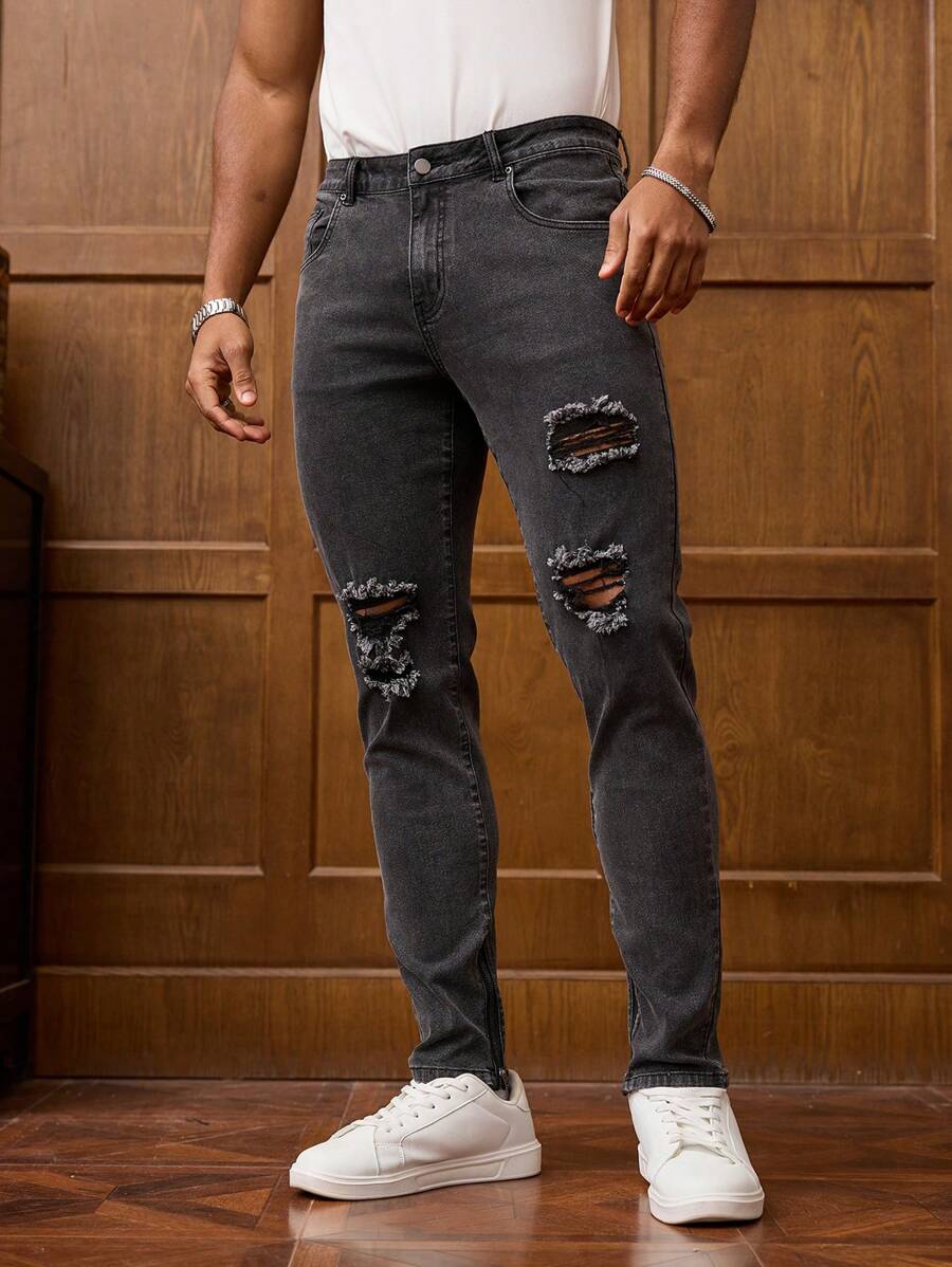 Manfinity Homme Herrjeans med slitna fickor och casual skinny jeans - Grå - Visa 1