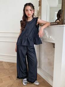 Hapijoa Tween Girl Denim Set: Sleeveless Vest & Straight Leg Pants With Ruffle Hem, Back To School Clothes - Royal Blue - View 2