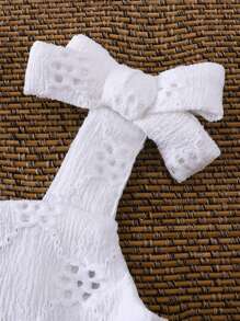 Vintaside Kids Toddler Girl Vacation Burnout Embroidery Bow Shoulder Design Ruffle Hem Top And Shorts Cute Casual Outfit Set - White - View 3