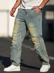 Manfinity Homme Quần Jeans Nam Ống Thẳng Thường Ngày Có Túi Và Chi Tiết Viền Thô, Đa Năng - Màu xanh lam - Xem 7