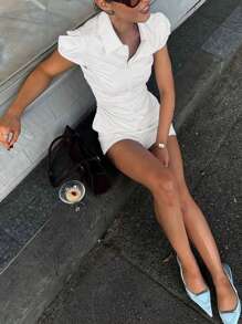 Siren Gaze Áo sơ mi nữ màu trơn mùa hè, có khóa kéo phía trước, xếp ly eo màu trắng - trắng - Xem 5