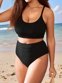 Swim Vcay Summer Beach Plus Size Solid High Waisted Bikini Set