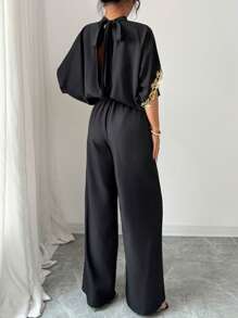 Elenzga 女装春夏最新款蝙蝠袖黑色设计感宽松优雅金色蕾丝连体裤 - 黑與白 - 查看 2