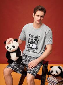 Juego de pijama cómodo y casual de camiseta y pantalones cortos con estampado divertido de comida rápida estadounidense y patrones de dibujos animados divertidos para hombres