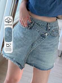 DAZY Women's Asymmetrical Waistline Asymmetric Placket Short Denim Mini Skirt Low Rise Jeans Jeans Skirt - Light Wash - View 1