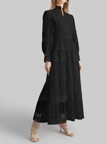Ontre Abito lungo elegante da donna con scollo a V, maniche lunghe e contrasto di colore in pizzo