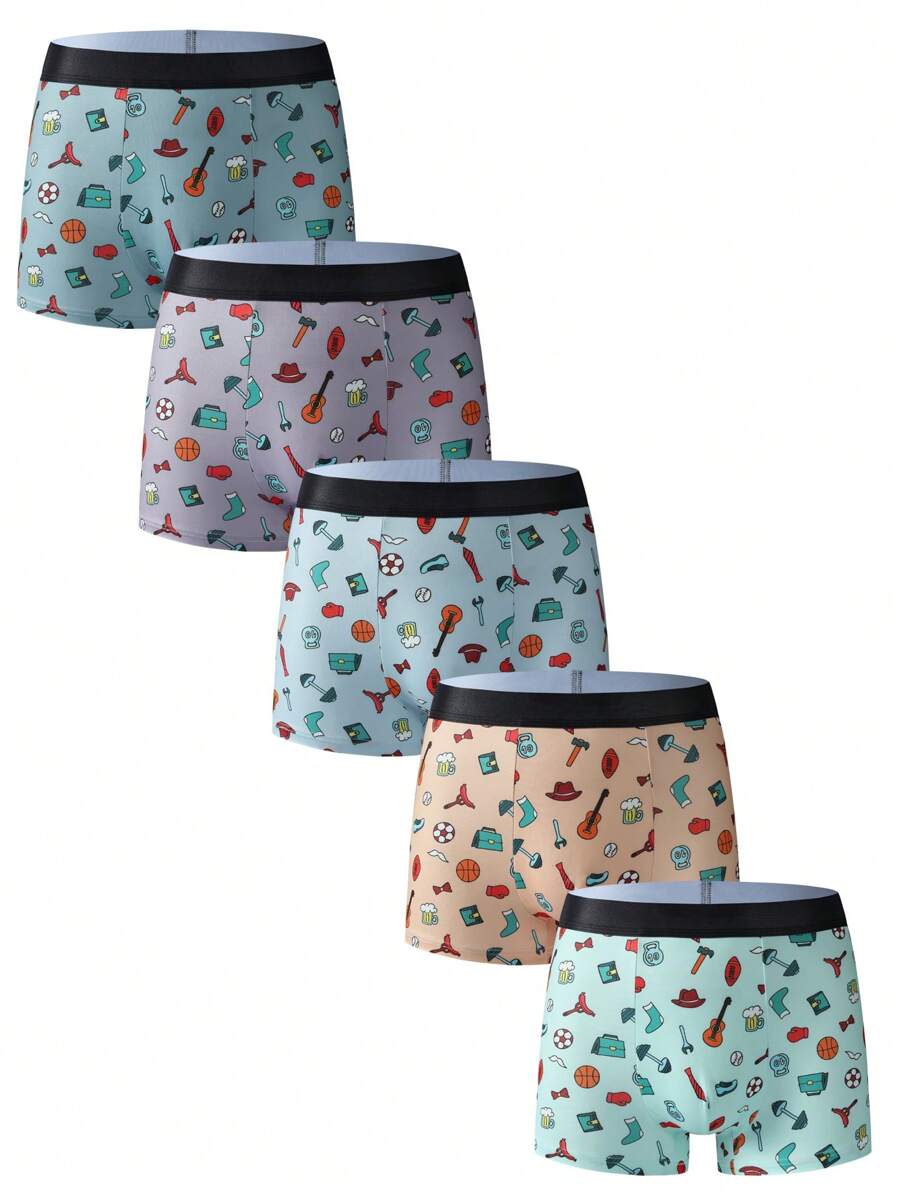 SHEIN 5pcs/Set Men's Cartoon Print Contrast Waistband Boxer Briefs - Multicolor - View 1